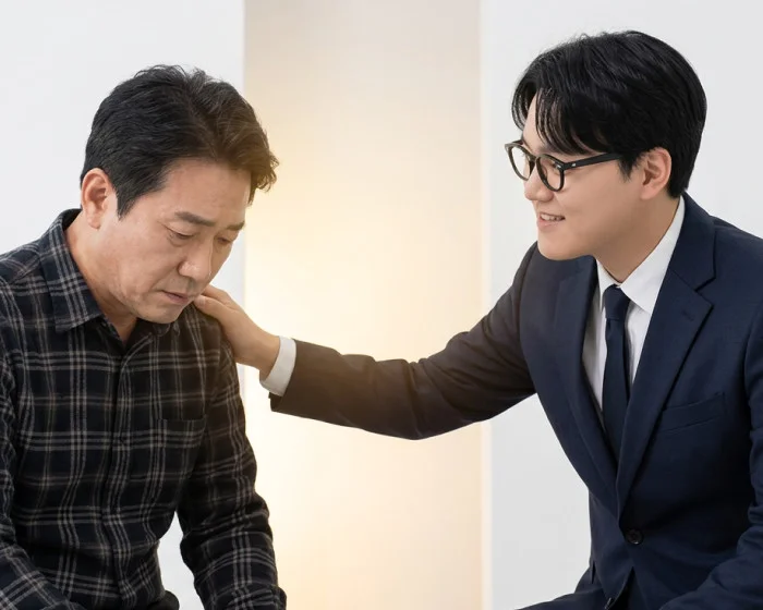 고객의 어깨를 토닥이며 위로하는 가람세무회계 전문가