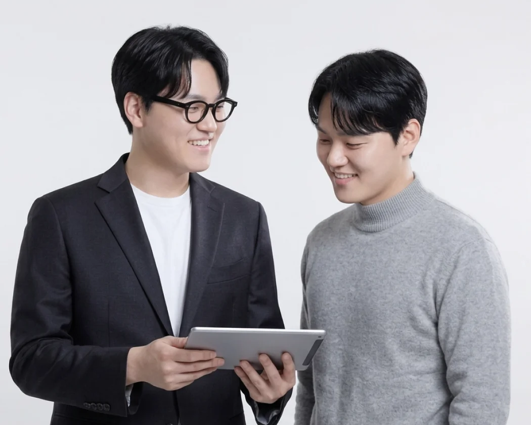 가람세무회계 세무기장 태블릿으로 사업 현황을 보며 미소 짓는 전문가와 고객