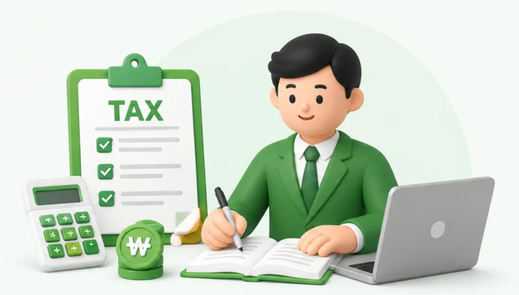 세무기장 업무를 위해 노트북과 계산기를 활용해 장부를 작성하는 세무사