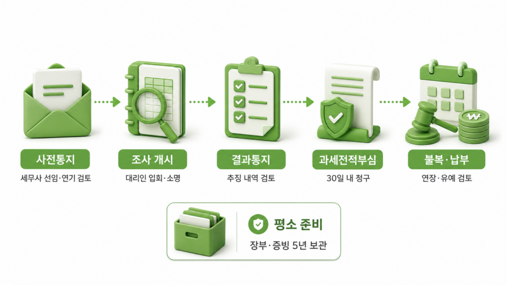 세무조사 진행 절차 5단계를 정리한 다이어그램