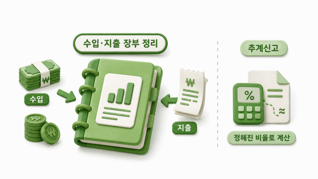 수입 지출을 장부에 기록하는 방식과 추계신고 방식을 비교한 세무기장 설명