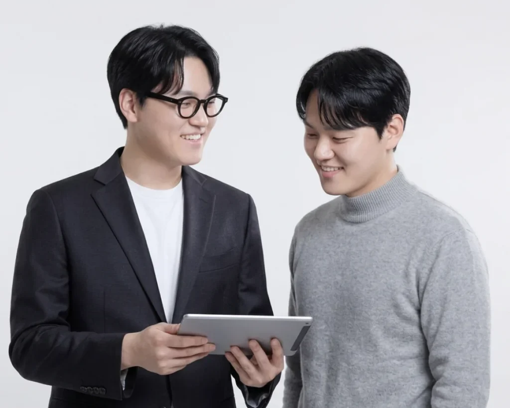 가람세무회계 세무기장 태블릿으로 사업 현황을 보며 미소 짓는 전문가와 고객
