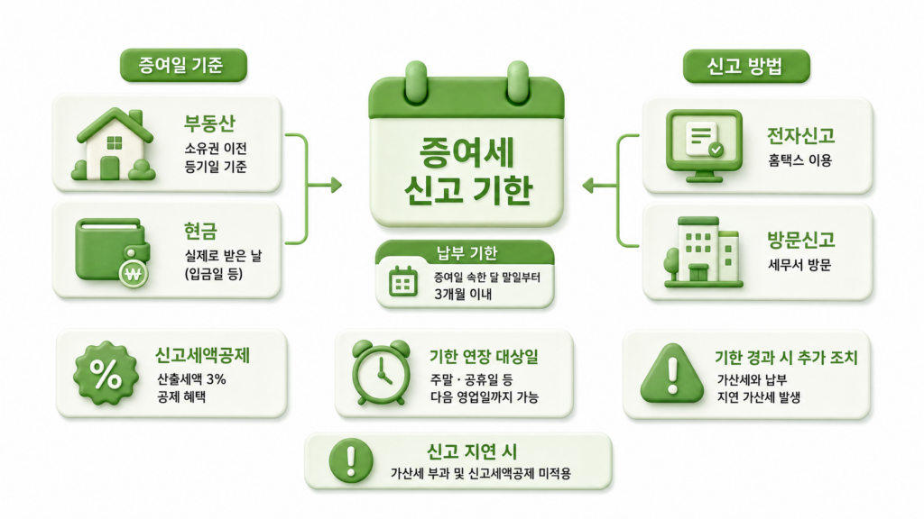 재산 종류별 증여일 기준과 3개월 신고 기한, 신고 방법