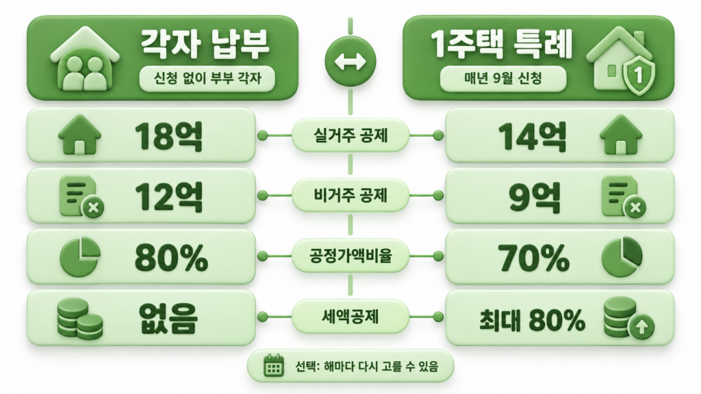 부부가 각자 낼 때와 1주택 특례를 신청할 때의 공제·비율 비교